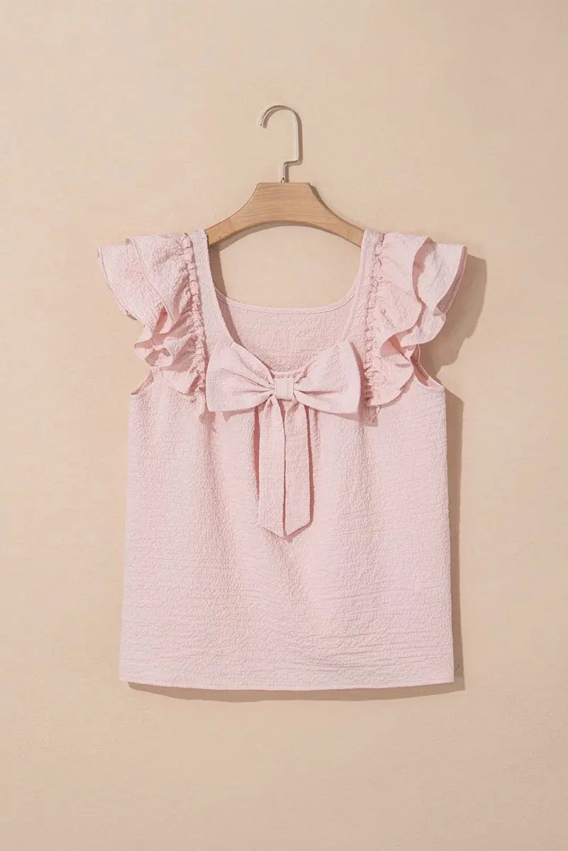 Gossamer Pink Textured Bow Knot Frilled Butterfly Sleeve Blouse - Love Salve